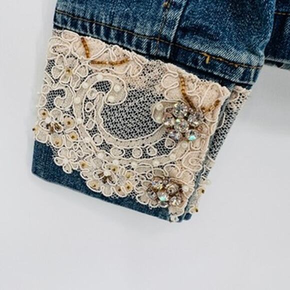 Vintage Berek 2 Takako Sakon Jean Jacket Womens Small Blue Lace Bead Trim Cotton - Picture 10 of 11